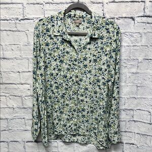 J Jill Women M Tunic Blouse Rayon Button Up Collar Long Sleeve White Blue Floral